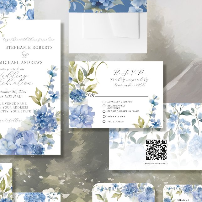 Cartons Réponse Été Floral Bleu et blanc Mariage élégant (Créateur téléchargé)