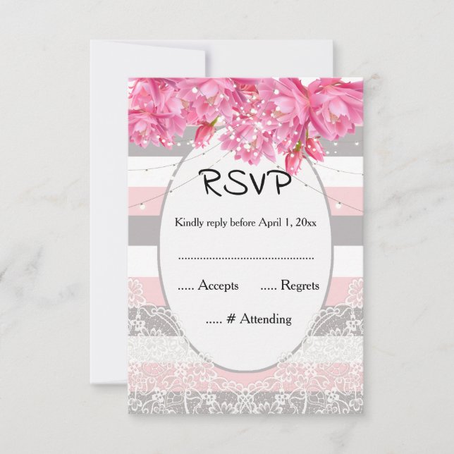 Cartons Réponse Été rose et gris rayures mariage dentelle florale (Devant)