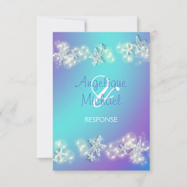 Cartons Réponse Étoile de mer de mariage de plage violet bleu (Devant)