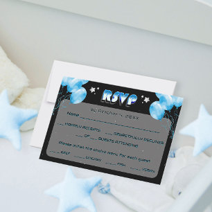 Cartons Réponse Etoiles de nuit modernes Baby shower Bleu Ballons
