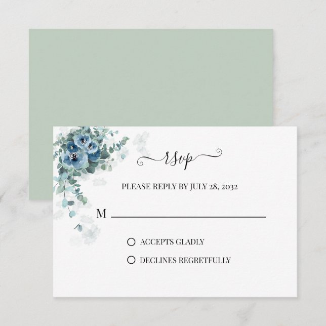 Cartons Réponse Eucalyptus bleu Dusty Floral Mariage (Devant / Derrière)
