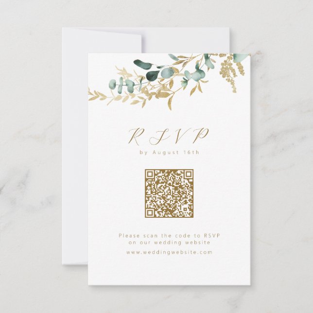 Cartons Réponse Eucalyptus or vert boho code QR mariage (Devant)