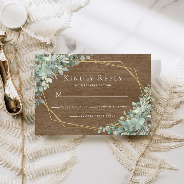 Cartons Réponse Eucalyptus Vert Bois rustique Mariage géométrique (Créateur téléchargé)