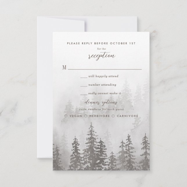 Cartons Réponse Evergreens dans la forêt de brouillard en mariage  (Devant)