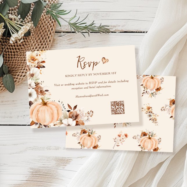 Cartons Réponse Fall Floral Pumpkin Wedding QR Code (Créateur téléchargé)