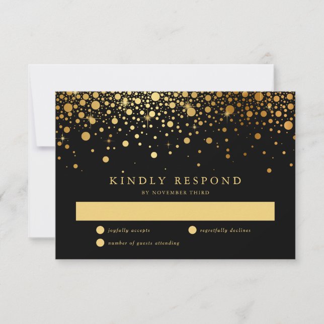 Cartons Réponse Faux Gold Foil Confetti Dots Mariage noir (Devant)