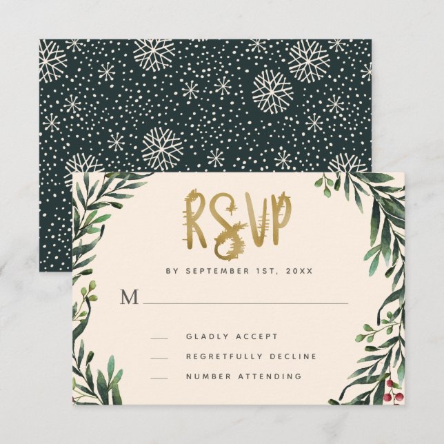 Cartons Réponse Festive Watercolor Wreath Gold Wedding (Devant / Derrière)