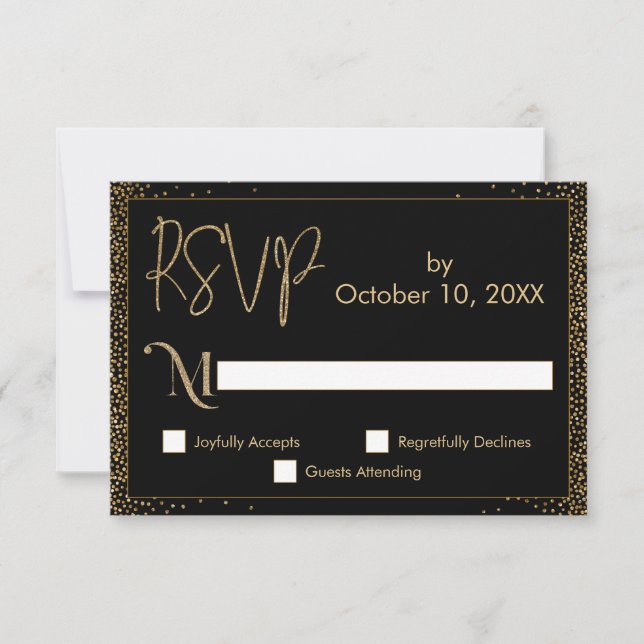 Cartons Réponse Fête Festive Faux Gold Confetti sur Noir (Devant)