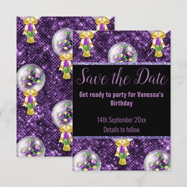 CARTONS RÉPONSE FÊTE PAILLETTE NOIR VIOLET ENREGISTRER LA DATE DE  (Devant / Derrière)