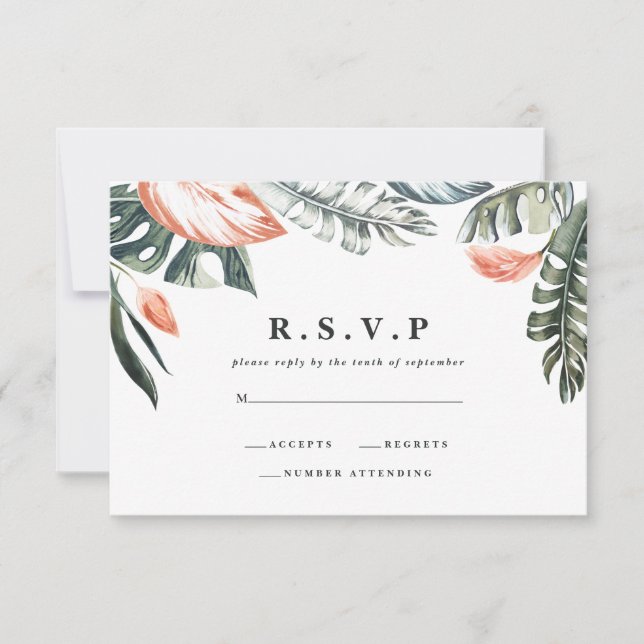 Cartons Réponse Feuillage rose et tropical mariage R.S.V.P (Devant)