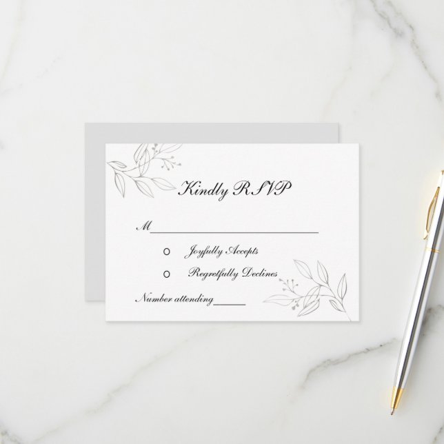 Cartons Réponse Feuille Argent Formal Élégant Mariage élégant (Devant/Arrière en situation)