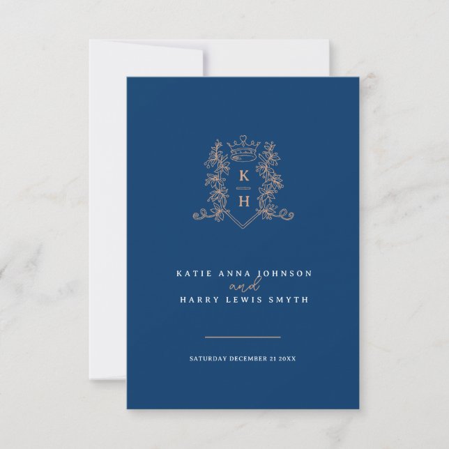 Cartons Réponse Feuille de la Couronne monogramme mariage bleu ros (Devant)