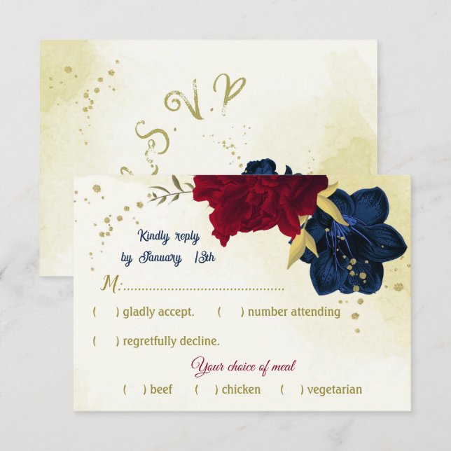 Cartons Réponse feuille d'or des fleurs rouges de marine (Devant / Derrière)