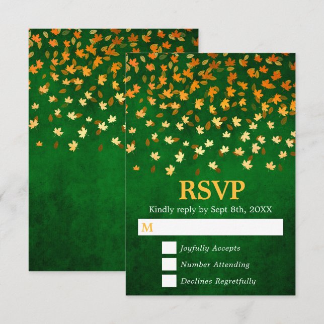 Cartons Réponse Feuilles d'automne Mariage Gold et Green Grunge (Devant / Derrière)