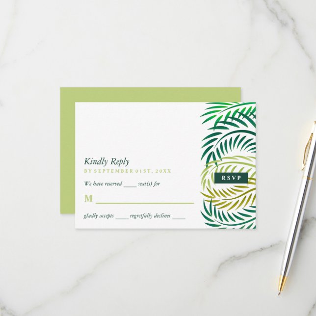 Cartons Réponse Feuilles de palmiers tropicaux, Mariage de plage (Devant/Arrière en situation)