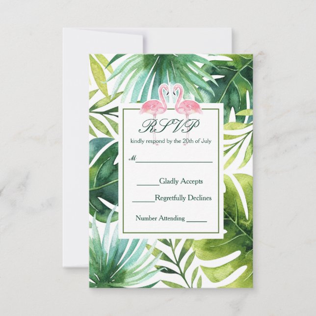 Cartons Réponse Feuilles et Flamants roses tropicaux Mariage d'été (Devant)