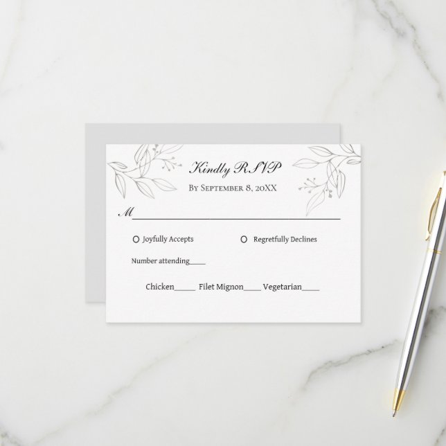Cartons Réponse Feuilles gris argent minimaliste Mariage pénètre R (Devant/Arrière en situation)