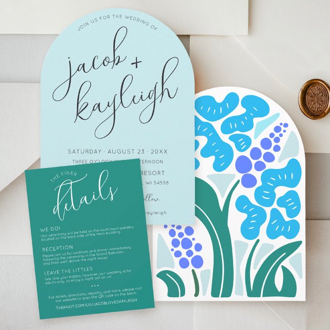 Cartons Réponse Fiche QR simple Retro Floral GREEN Détails Mariage (Simple jade green script formal QR code wedding details card sky blue retro boho floral arch invite)