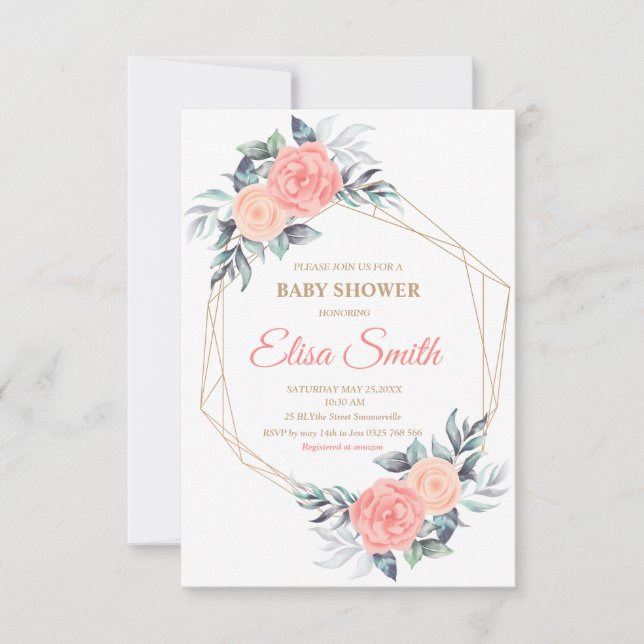 Cartons Réponse fille de baby shower à fleurs rose géométrique (Devant)