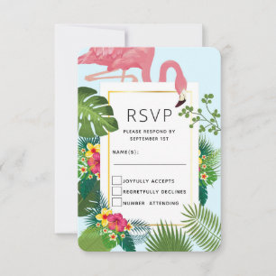 Cartons Réponse Flamant rose rose élégant et Mariage Feuille tropi