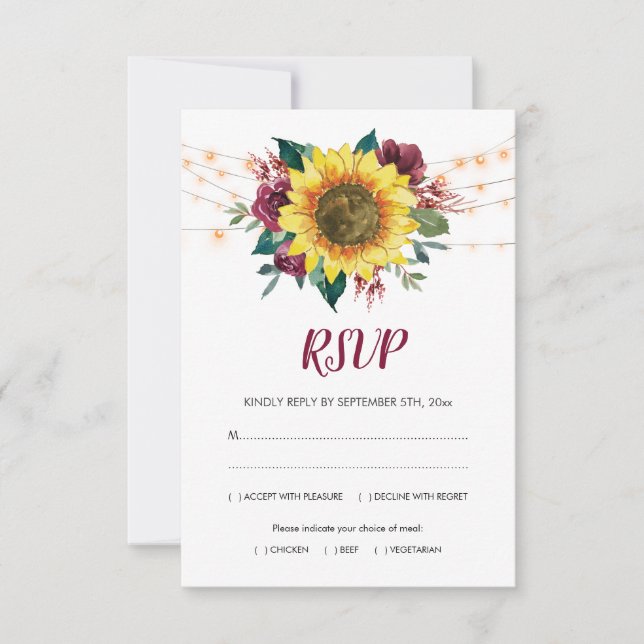 Cartons Réponse Fleur de tournesol rustique Lumières repas Mariage (Devant)