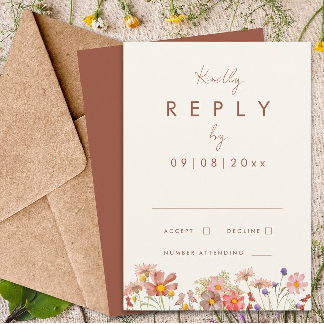 Cartons Réponse Fleur sauvage Burnt Orange Mariage de automne Répo (Boho wildflower terracotta burnt orange fall wedding invitation reply enclosure card)
