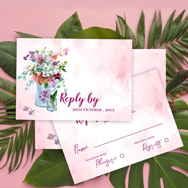 Cartons Réponse Fleur sauvage d'aquarelle rustique Mariage rose (Rustic Watercolor Wildflower Pink Floral Wedding RSVP Card)