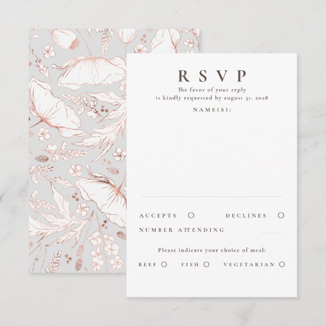 Cartons Réponse Fleur sauvage dessiné à la main Rose Gold Wedding  (Devant / Derrière)