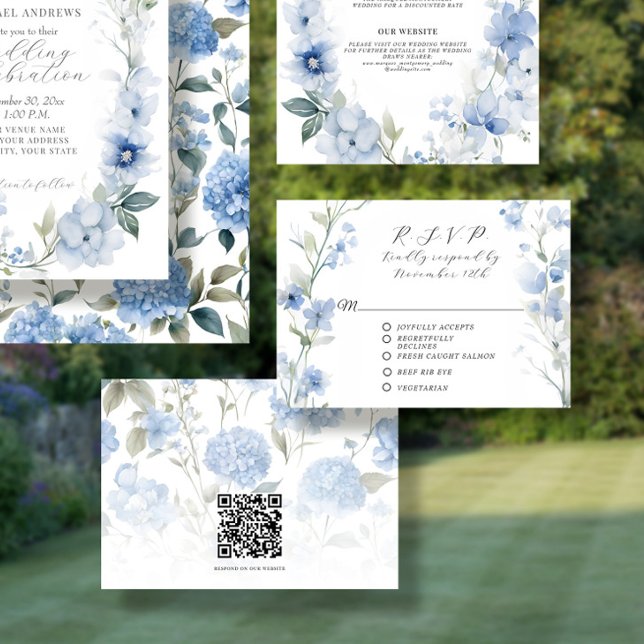 Cartons Réponse Fleur sauvage Floral Bleu et Blanc Mariage élégant (Créateur téléchargé)