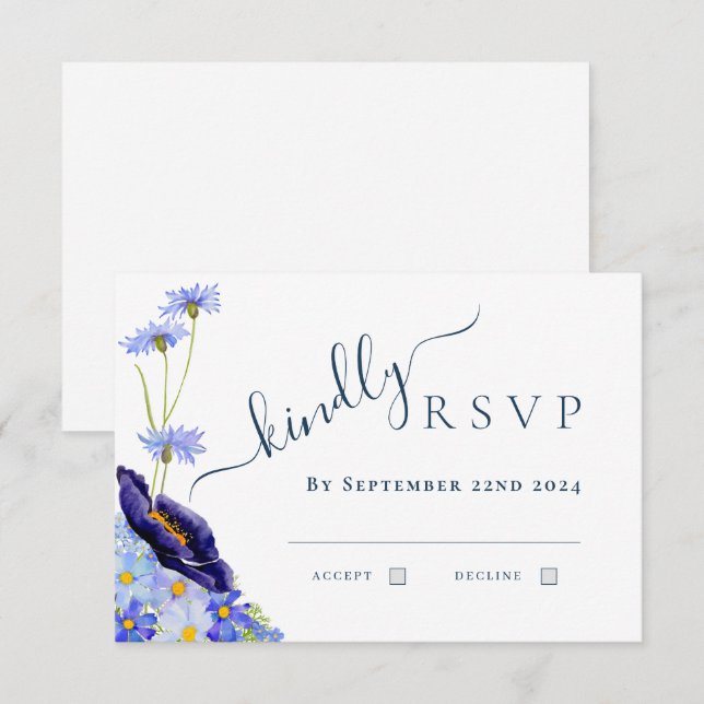 Cartons Réponse Fleur sauvage moderne Aquarelle Bleu Mariage Répon (Devant / Derrière)