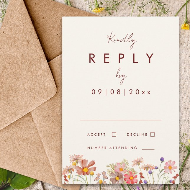 Cartons Réponse Fleur sauvage Terracotta Mariage de automne Répons (Wildflower boho fall wedding burgundy burnt Orange terracotta rsvp enclosure card)