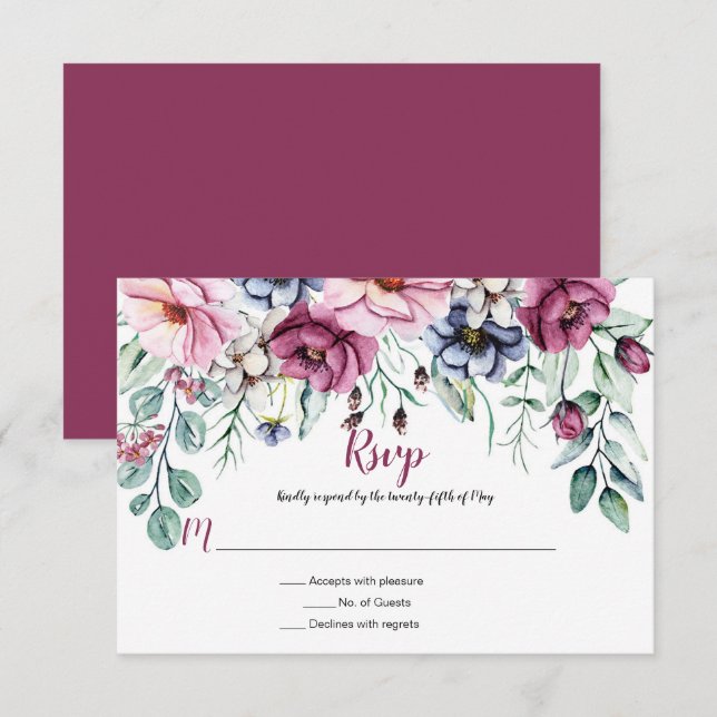 Cartons Réponse Fleurs aquarelles roses et bleues (Devant / Derrière)