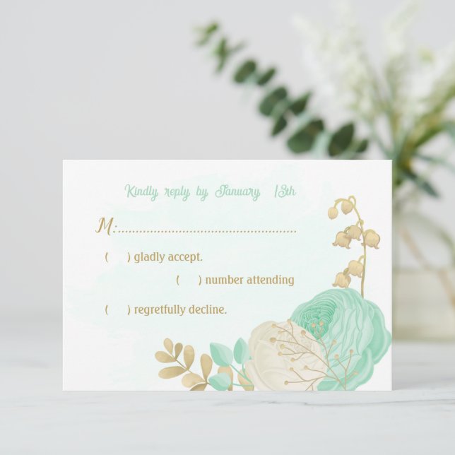 Cartons Réponse fleurs blanches vert menthe or mariage (Debout devant)