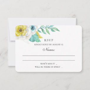 Cartons Réponse Fleurs bleues et jaunes. Mariage floral à la menth