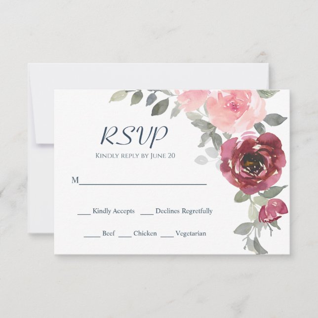 Cartons Réponse Fleurs Bourgogne rose Verdure Aquarelle Mariage (Devant)