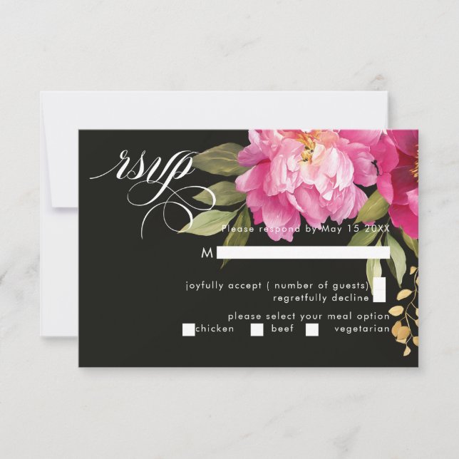 Cartons Réponse Fleurs d'aquarelle crème et pivoine rose Noir (Devant)