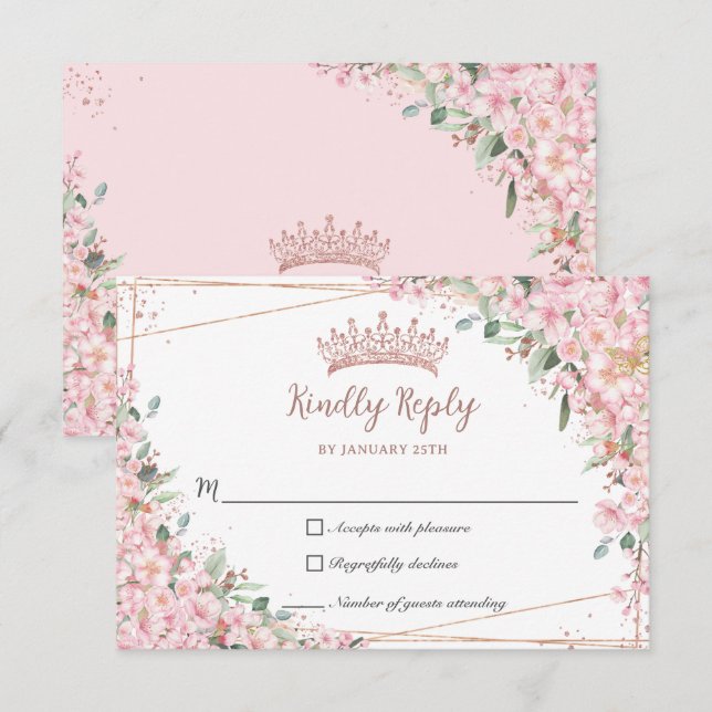 Cartons Réponse Fleurs de cerise Rose Gold Sweet 16 Quinceañera XV (Devant / Derrière)