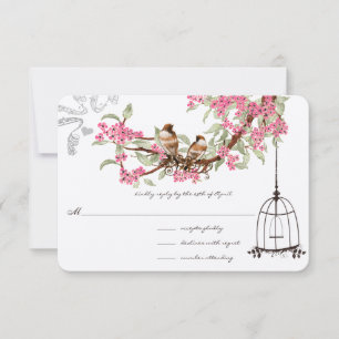 Cartons Réponse Fleurs de cerisier roses oiseaux sarcelle cage à o