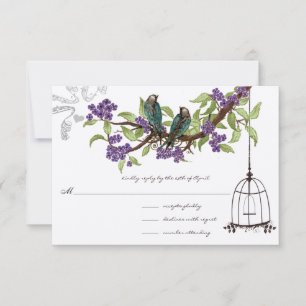 Cartons Réponse Fleurs de cerisier violettes oiseaux sarcelle cage