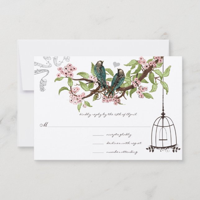 Cartons Réponse Fleurs de cerisiers roses Oiseaux Turquoises cage  (Devant)