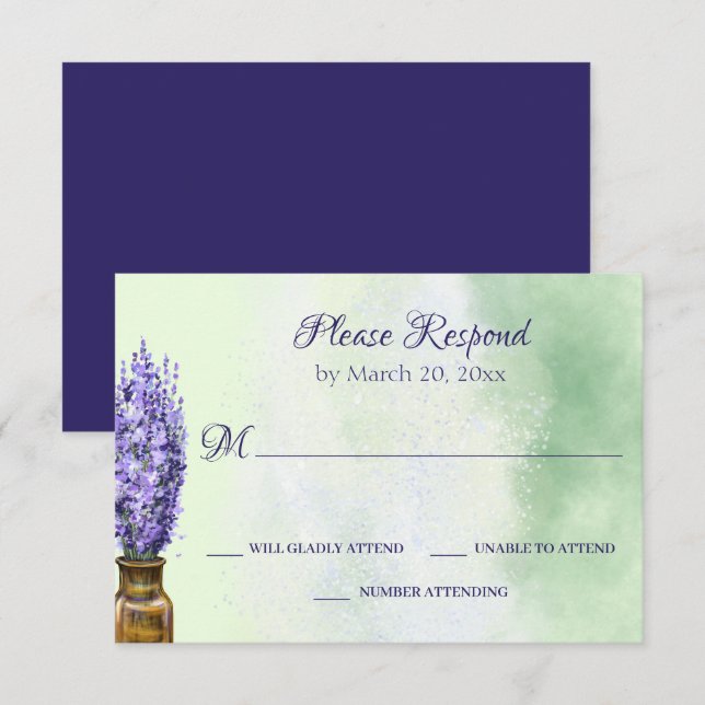 Cartons Réponse Fleurs de lavande sur Mariage de fleurs vert Sage (Devant / Derrière)