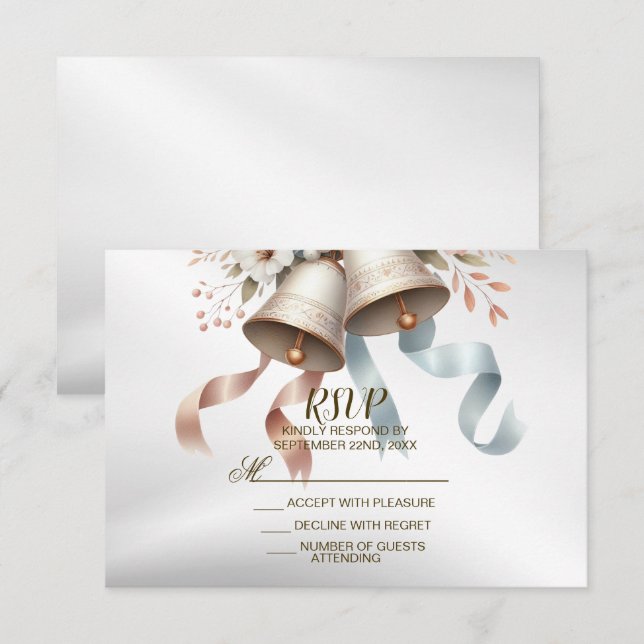 Cartons Réponse Fleurs de mariage cloches Rubans bleu rose Beau (Devant / Derrière)
