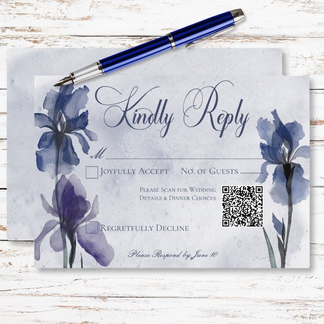 Cartons Réponse Fleurs Iris Bleu Moderne Mariage QR Code (Blue Iris Flowers Modern Blue Wedding QR Code RSVP Card)