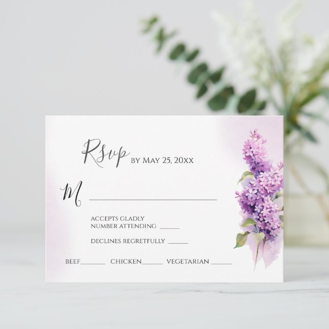 Cartons Réponse Fleurs Lilac Aquarelle Mariage choix de repas (Debout devant)