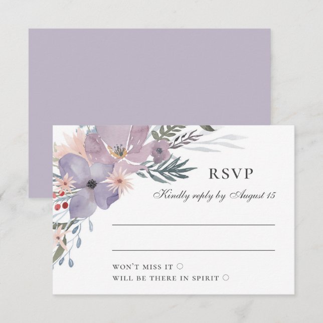 Cartons Réponse Fleurs lilas violettes d'aquarelle. Mariage floral (Devant / Derrière)