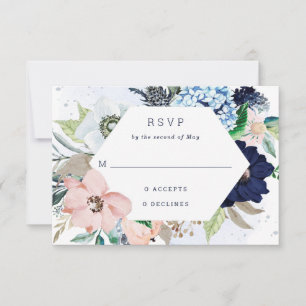 Cartons Réponse Fleurs nautiques Mariage bleu marine et rose pâle
