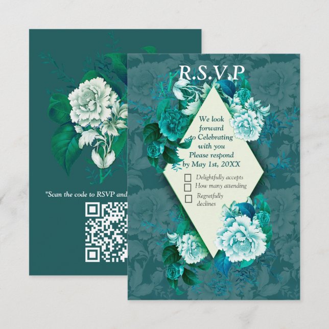 Cartons Réponse Fleurs Roses blanches/vertes sur papier motif vert (Devant / Derrière)