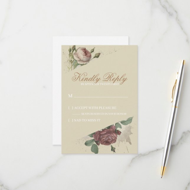 Cartons Réponse Fleurs Rustiques Bourgogne Marsala Roses Blush Mod (Devant/Arrière en situation)