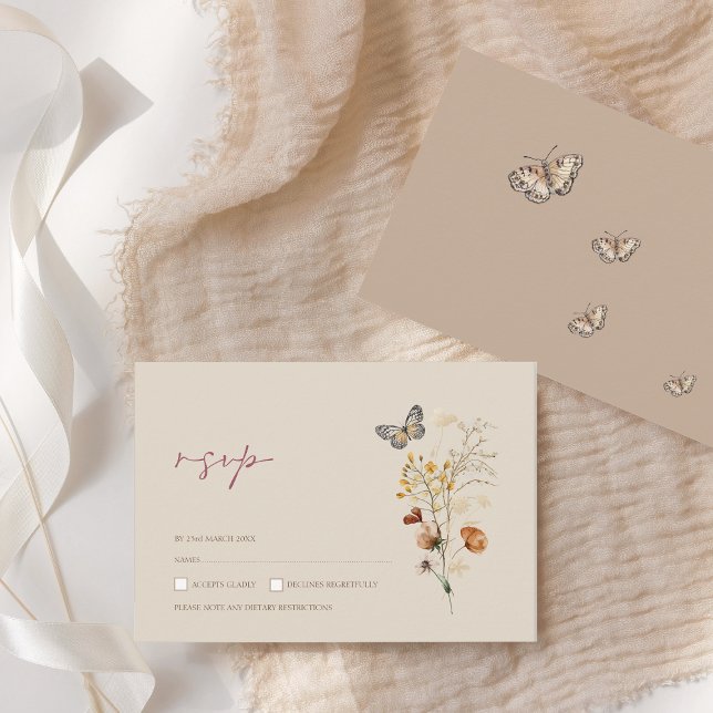 Cartons Réponse Fleurs sauvages Brown Boho et Mariage de papillons (Boho Brown Wildflowers and Butterflies Wedding RSVP Card)
