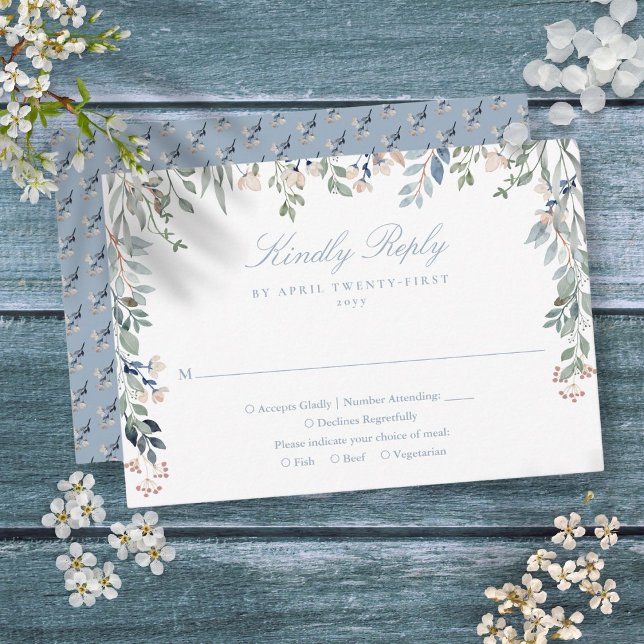 Cartons Réponse Fleurs sauvages floraux de verdure Dusty Blue Mari (Greenery Floral Wildflowers Dusty Blue Wedding RSVP Card)